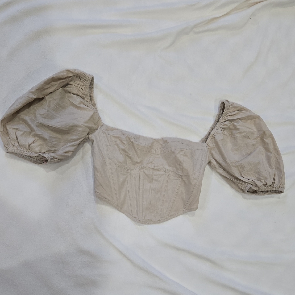 Showpo Neutral Puff Sleeve Corset Crop Top Size 4